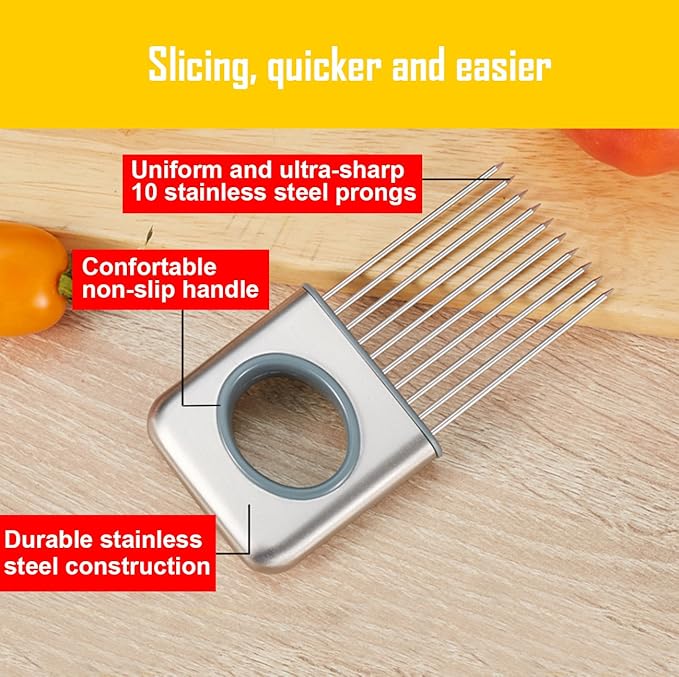 Best Utensils Onion Holder Slicer Vegetable Tools Stainless Steel Easy Onion Holder Slicing Guide Vegetable Tomato Lemon Meat Holder Slicer Tools Cutter, Cutting Kitchen Gadget, Silver
