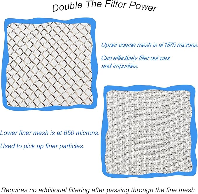 Double Sieve Honey Strainer for 5 Gallon Bucket Stainless Steel Honey Filter with Up to 16.5 inches Extendable Arms Honey Processing Equipment