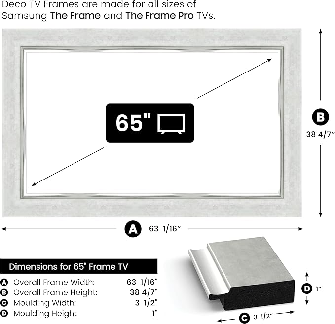 Contemporary Silver 65" Premiere Deco TV Frame - Compatible ONLY with Samsung The Frame TV and Pro TVs (Fits 2021-2025, LS03A, LS03B,LS03C,LS03D,LS03FA,LS03FW)