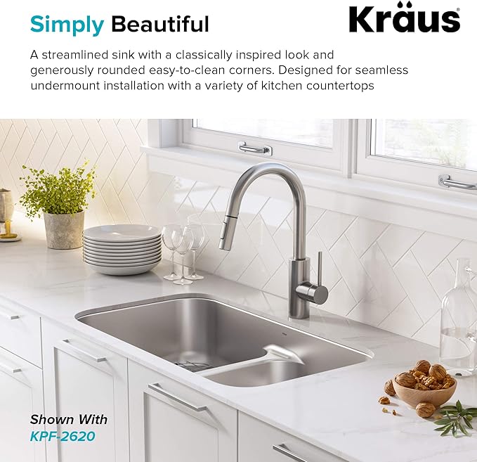 KRAUS Premier 32-inch Undermount 50/50 Double Bowl Low Divider 18-Gauge Stainless Steel Kitchen Sink with Strainers (x2), KBU32