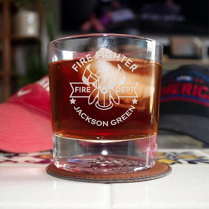 Personalized Firefighter Whiskey Glass, Fathers day gift for dad, Custom Name & Text, Etched Fire Dept Whiskey Glass, 12oz Engraved American Flag Glassware, Fireman Gift, Firefighter Gifts for Men