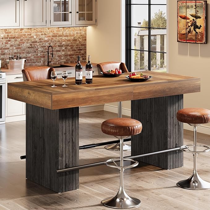 Tribesigns 62.2 Inch Bar Table, Industrial Counter Height Pub Dining Table, Rectangular Home Bar Units with Metal Footrest for Home Kitchen, Dining Room, Bistro