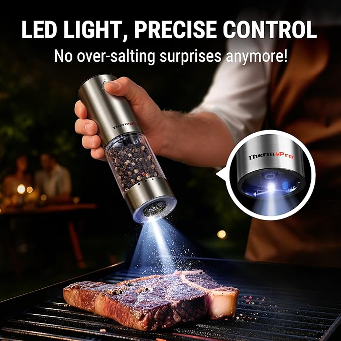 ThermoPro 100ml Electric Salt and Pepper Grinder Set Rechargeable, Automatic Pepper Grinder Shakers with External Adjustment, Refillable Pepper Mill Set with Dust Cover & LED, Stainless Steel 2-Pack
