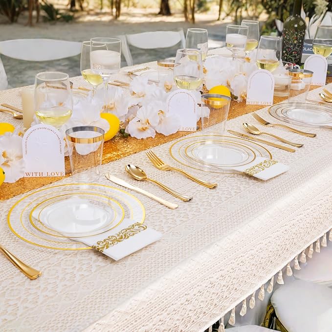 700 Pieces Gold Dinnerware Set - 100 Guests Clear Disposable Dinnerware Set for Party, Wedding, Include: 200 Clear Plates with Gold Trim, 100 Cups, 100 Napkins, 100 Plastic Silverware Sets