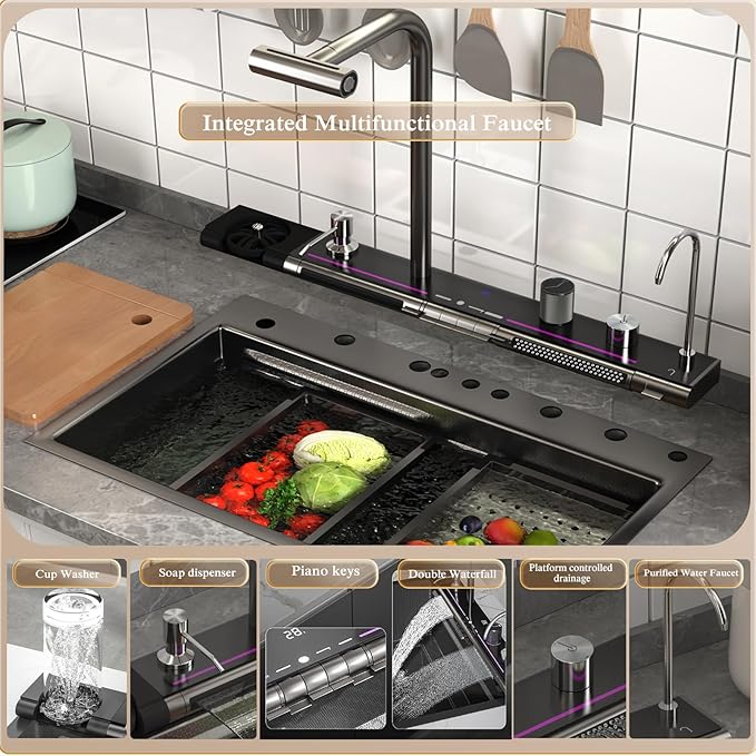 Dual Waterfall Kitchen Sink Modern Kitchen Sink Single Bowl Digital Smart Sink with Soap Dispenser Stainless Steel Sink with Pull-Out Faucet Workstation Sink with Honeycomb(29.5x18.1in)