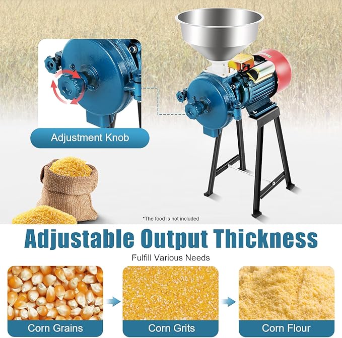 2200W Electric Grain Grinder Mill, 110V Commercial Dry Grinder for Corn Rice Wheat Spices Coffee, 60-120lbs/h Stainless Steel Mill with Adjustable Knob, for Home Kitchen Pharmacy Supermarket Use