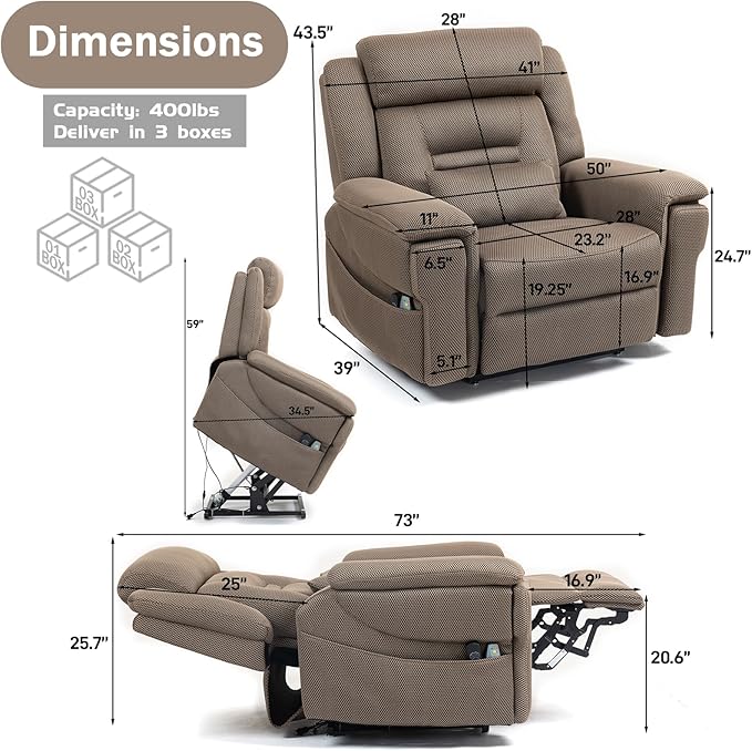 28in Extra Wide Big Man 400lbs Power Lift Recliner Chair for Senior Elderly Adults Lay Flat Lift Recliner with Heat & Massage, Wireless Charging, USB Ports, Cup Holder, Lumbar Pillow