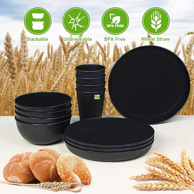 Wheat Straw Dinnerware Sets, Kitchen Unbreakable Wheat Straw Plates and Bowls Sets for College Dorm Apartment Reusable Black 12pcs