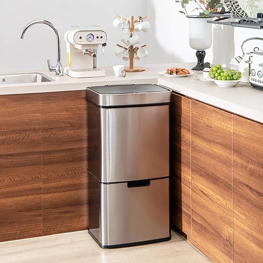 Goplus 19 Gal Stainless Steel Trash Can, 72 L Volume in 4 Containers, Motion Sensor Trash Bin w/Kitchen Waste Bin & 2 Bottom Recycling Bins, Touchless Garbage Can w/Soft Close Lid, Battery Operated