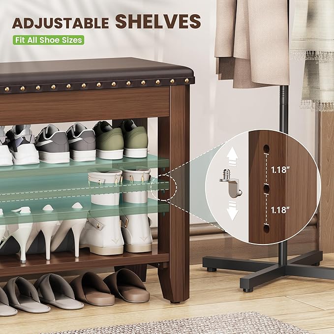 Shoe Bench for Entryway, Solid Rubberwood Shoe Bench with Hidden Storage, Adjustable 2-Tier Shelves & Soft PU Leather Seat, Shoe Rack Durable Easy Assembly for Hallway or Bedroom - Brown, 23.6"