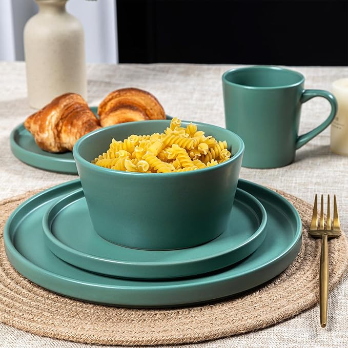 Plates and Bowls Sets for 4 - CJDC-QUELO 16 Piece Stoneware Dinnerware Sets with Mugs, Ceramic Dishware Sets for Kitchen Dining Use, Chip and Scratch Resistant Microwave Dishwasher Safe, Green