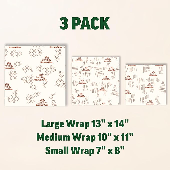 Zenlogy Reusable Beeswax Food Storage Wrap, Eco Friendly Alternative, Sustainable Organic Cut to Size Cotton Beeswax Wraps, 3 Pack (13" x 14", 10" x 11", 7" x 8")