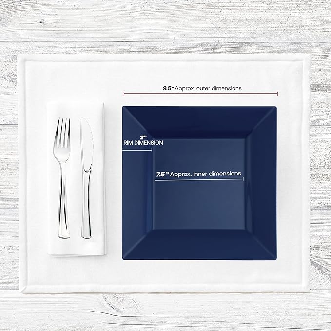 Smarty Had A Party 120 Midnight Dream Blue Square 9.5" Dinner Plates, Fancy Disposable, Deluxe Quality, Hard Plastic, Party & Wedding Plates