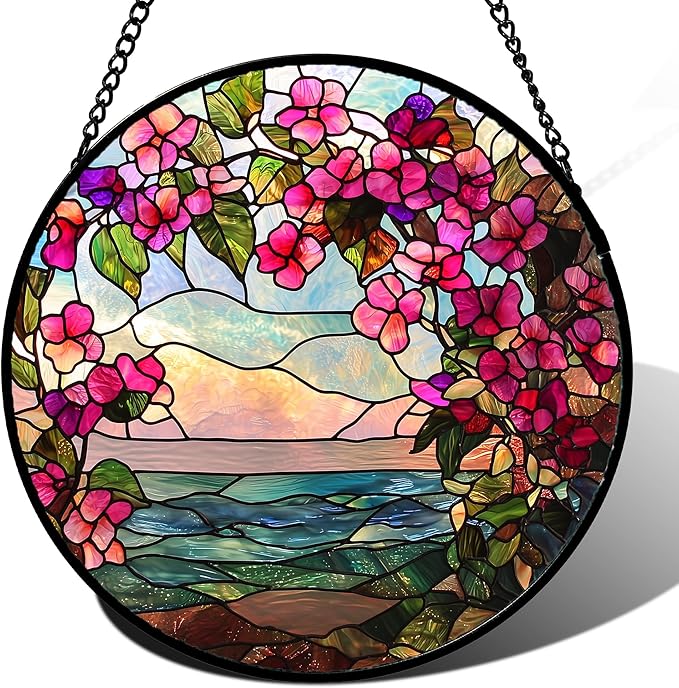 Stained Glass Window Hanging, Purple Flower Landscape Wreath Sun Catcher for Door Home Decor Plants Suncatcher Christmas Mother's Day Birthday Gifts for Women Men Mom Nana 7.8 in