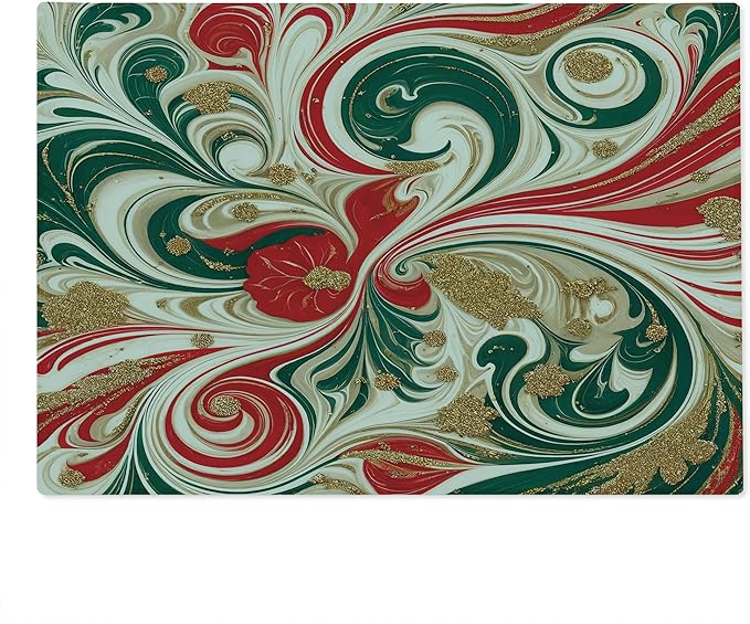 Ambesonne Christmas Cutting Board, Abstract Winter Feel Marble Print Art with Curling Lines Xmas Modern, Decorative Tempered Glass Cutting and Serving Board, Large Size, Dark Pink Green Ivory