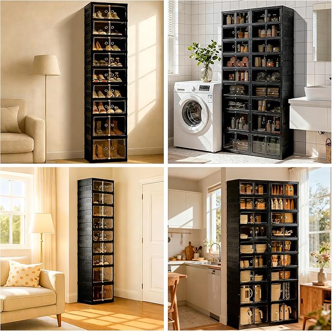 Foldable Shoe Organizer Storage Box, Portable Extra Large Folding Shoe Rack for Closet, Shoe Storage Box with Magnetic Transparent Door and Wheels, 9 Layers 18 Grids with 4 Big Grids