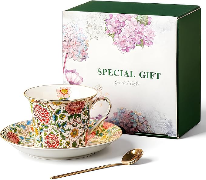 Exquisite Bone China Tea Cups and Saucer Set – Elegant Porcelain Tea Cups, Beautifully Detailed for Tea Lovers, Gift-Ready for Christmas, Hostess, Holiday Gift & Fall Decor