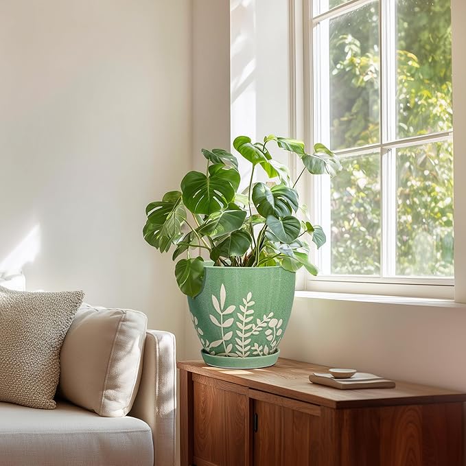 8 Inch Indoor Plant Pot with Drainage and Saucer - Ceramic Planter for Indoor Outdoor Plants, Decorative Flower Pot, Desk Home Office Garden Decor, Plant Lovers Gifts, Green