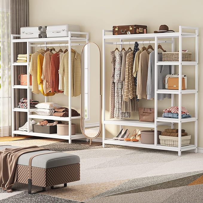 LITTLE TREE Free Standing Wood Closet Clothes Rack,Heavy Duty Grament Rack with Shelves,Hanging Racks for Clothes Clothing Rack for Bedrom,Wardrobe Closet Organizer,350 lb Capacity