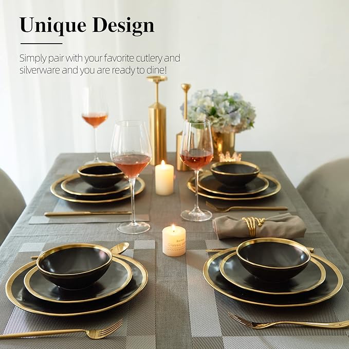 Black Luxury Plates and Bowls Sets, 12 Piece Porcelain Dinnerware Sets Service for 4, Modern Dinner Plates Set, Gold Rim Dish Set for Wedding Anniversary Birthday
