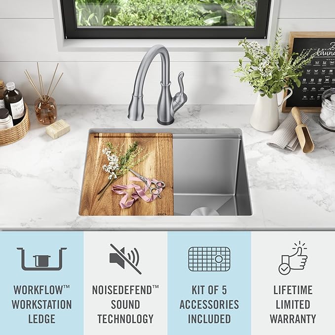 DELTA FAUCET Lorelai 24-inch Workstation Laundry Utility Kitchen Sink Undermount 16 Gauge Stainless Steel Single Bowl with WorkFlow Ledge and a Kit of 5 Accessories, 95B9132-24SL-SS