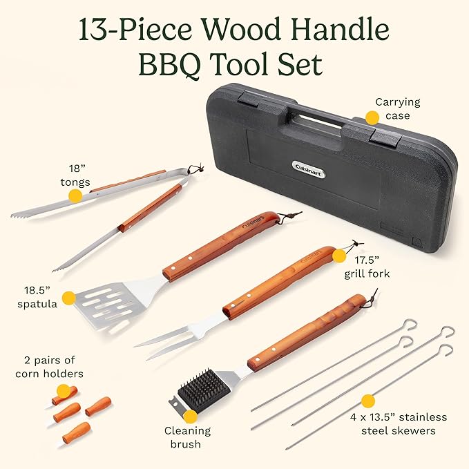 Cuisinart 13-Piece Wooden Grill Tool Set, BBQ Accessories and Grill Tools, Durable Stainless-Steel Utensils with Recycled Plastic Case, Spatula, Tongs, Cleaning Brush & More, Grilling Gifts for Men