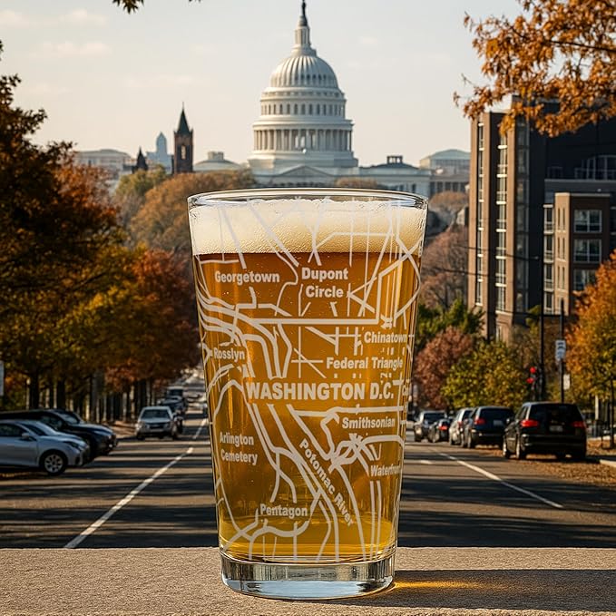 Greenline Goods – Washington, DC Map Pint Beer Glasses (Set of 2), 16 oz – Etched Wrap Design