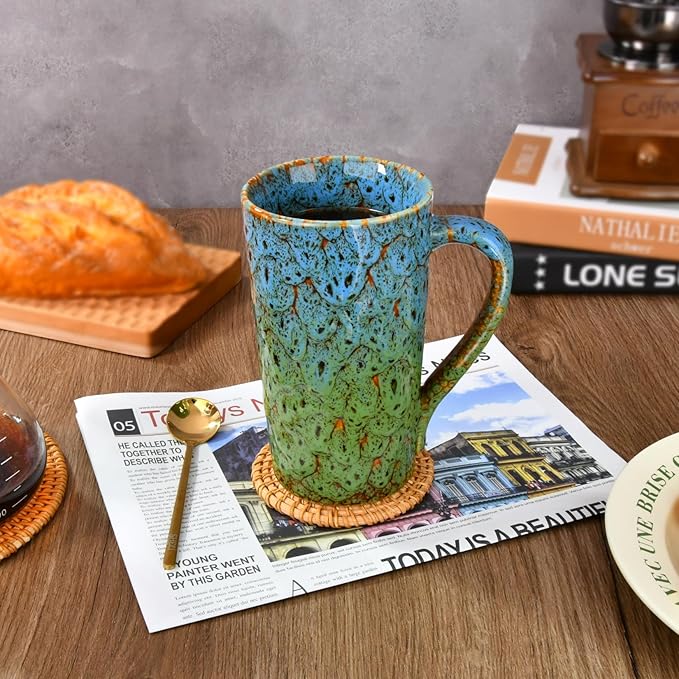 20oz Porcelain Coffee Mugs Set of 2, Large Tall Coffee Mugs with Handles, Modern Ceramic Coffee Cups for Coffee, Tea, Cocoa, Milk, Gifts for Women Men - Blue & Green