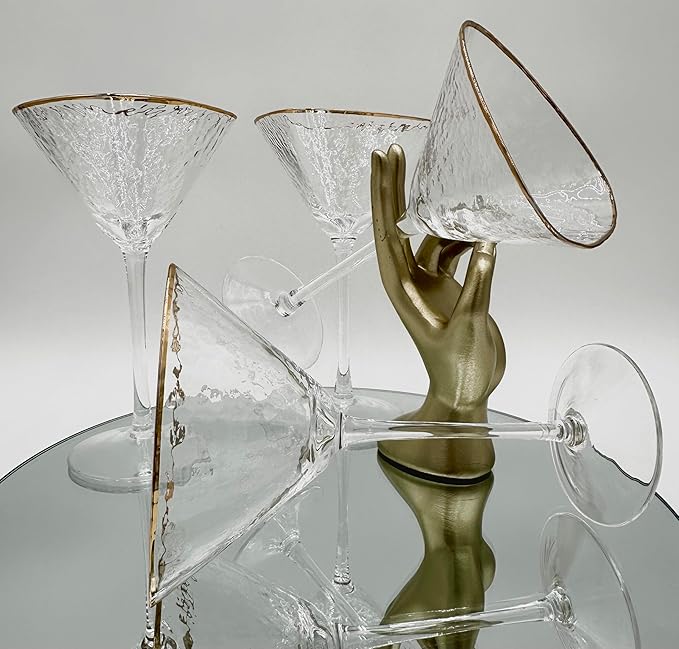 Bec's Designs Martini Glasses Set of 4 – Hand‑Hammered Triangular Design with Gold Rim – Elegant Crystal Cocktail Glassware for Parties, Gifts & Home Bar