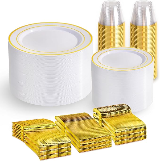 Gold Disposable Dinnerware Set for 100 Guests - 600PC BPA-Free Plastic Plates & Cutlery Kit with 100 Dinner Plates, Salad Plates, Forks, Knives, Spoons & Cups for Wedding, Party, Catering (Heavy-Duty)