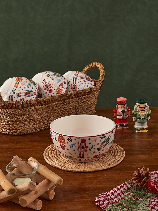 Bico Christmas Soldier Cereal Bowls Set of 4, 26 oz Deep Ceramic Soup Bowls for Cereal, Salad, Noodles, Kitchen, Microwave and Dishwasher Safe, Gift for Housewarming and Thanksgiving