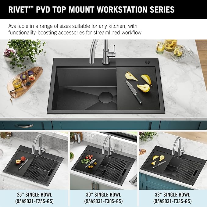 DELTA FAUCET Delta Rivet 25 Inch Black Stainless Steel Drop-in Top Mount 16 Gauge Workstation Kitchen Sink Single Bowl in PVD Gunmetal Finish with WorkFlow Ledge and Accessories, 95A9031-T25S-GS