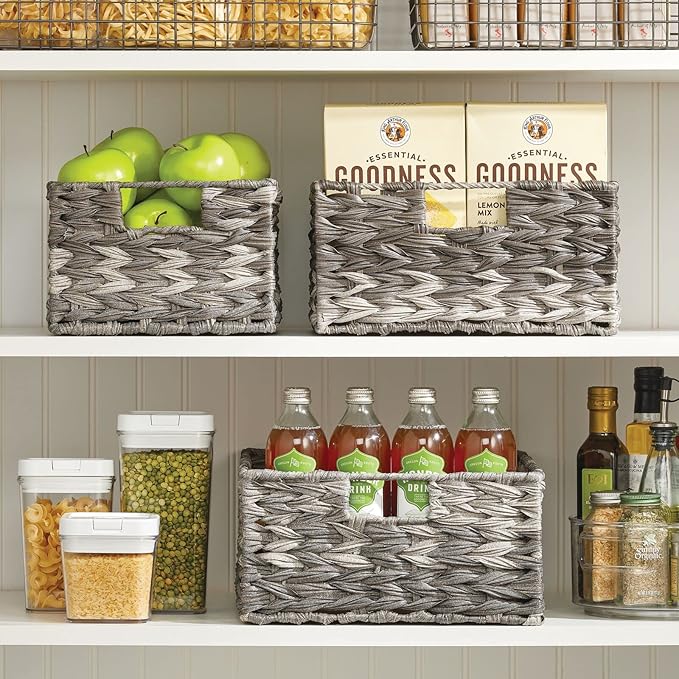 mDesign Woven Farmhouse Kitchen Pantry Food Storage Organizer Basket Bin Box - Container Organization for Cabinets, Cupboards, Shelves, Countertops - Store Potatoes, Onions, Fruit - 3 Pack, Gray Ombre