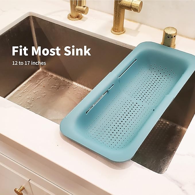 Makerstep Over the Sink Colander Strainer Basket - Expandable, Wash, Drain, and Dry. - New Home Kitchen Essentials, Multifunctional Kitchen Gadgets, Green 14.25x8