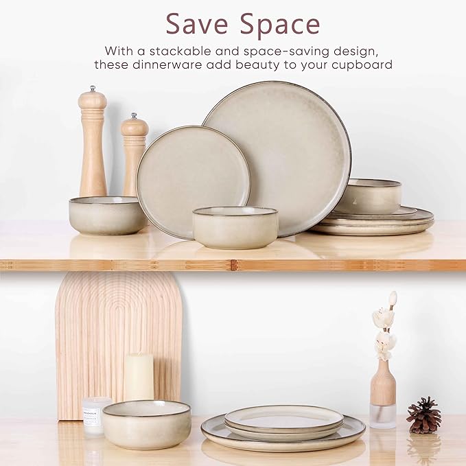Herogo Stoneware Plates and Bowls Sets for 6, 18 Pieces Modern Round Dinnerware, Reactive Glaze Dishes Set for Kitchen, Chip Resistant, Microwave & Dishwasher Safe, Cream Khaki