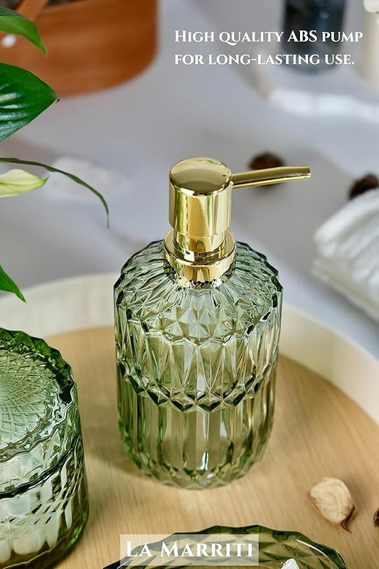 4pcs Glass Bathroom Accessories Set, Clear Green Bathroom Sets, Soap Dispenser, Toothbrush Holder, Soap Dish, Qtips Holder Set for Crystal Vintage Bathroom Decor, Gift Set (Green)