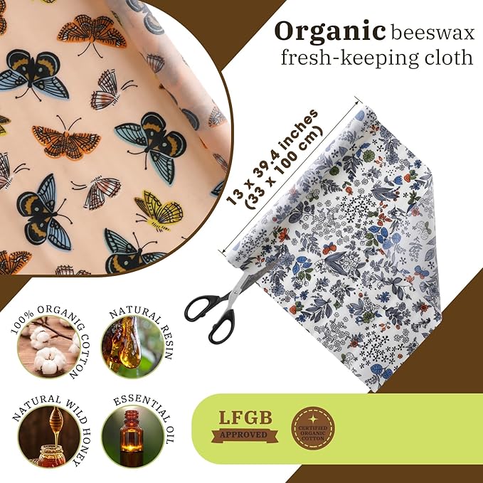 Moukeren 3 Rolls Beeswax Wraps for Food Assorted Organic Cotton Reusable Beeswax Food Wrap Sustainable Wax Paper Wrappers Plastic Silicone Free for Bread Cheese, 13 x 40 (Butterfly)