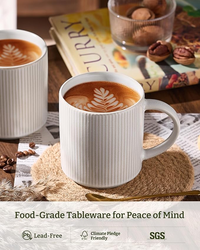 famiware Coffee Mug Set for 4, Star 16 oz Catering Mugs Cup Set with Handle for Coffee, Tea, Cocoa, Milk - Ceramic Stoneware Drinkware Set, Matte White + Matte Dark Charcoal