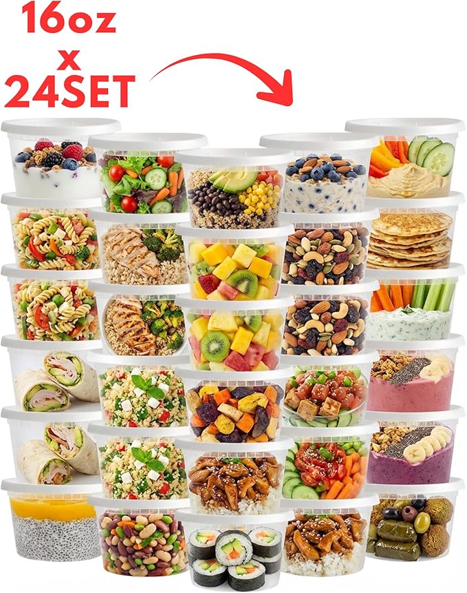 72 -Piece Deli Food Storage Containers with Lids – 32 oz, 16 oz & 8 oz Assorted Set (24 Each) – Leak-Resistant, Stackable, Reusable Meal Prep Containers for Soups, Salads, Leftovers & Snacks