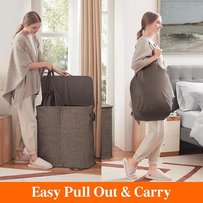 Lifewit Double Laundry Hamper with Lid and Removable Laundry Bags, Large Collapsible 2 Dividers Dirty Clothes Basket with Handles for Bedroom, Laundry Room, Closet, Bathroom, College, 136L Brown