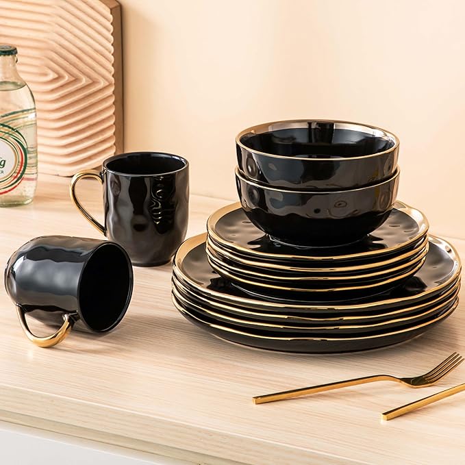 LOVECASA 16 Pieces Plates and Bowls Sets, Porcelain Black and Gold Dinnerware Sets, Round Dinner Plates Dishes Set Service for 4, Dishwasher Safe and Scratch Resistant, Black