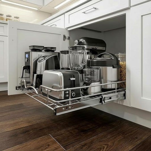HOLDN’ STORAGE Pull Out Cabinet Organizer, Heavy Duty Caddy w/Lifetime Limited Warranty - 8”W x 21”D - Requires At Least 9-1/4” Cabinet Opening, Steel Metal Cabinet Drawers Slide Out, Chrome