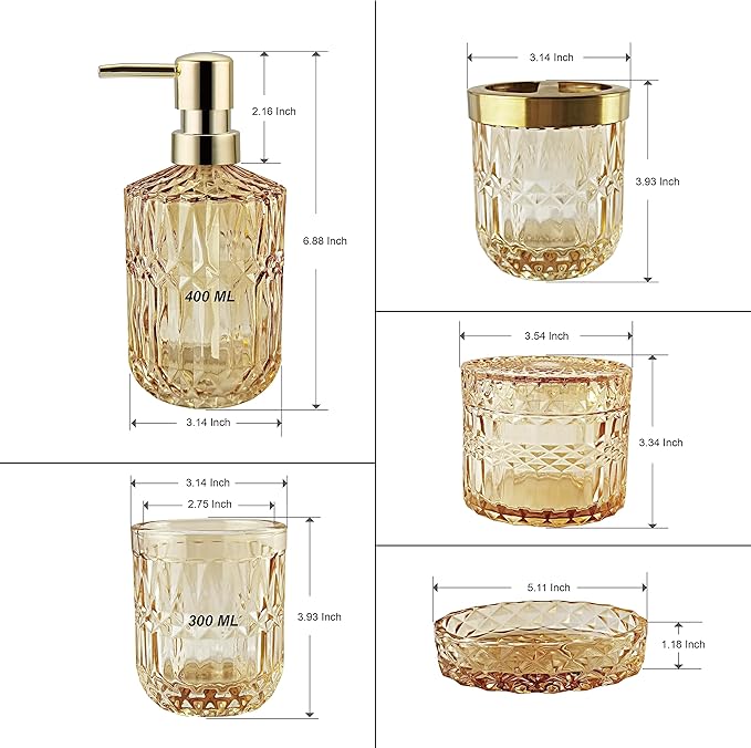 Clear Gold Bathroom Accessorries Set, 5Pcs Glass Bathroom Accessories, Lotion Soap Dispenser, Toothbrush Holder Set, Soap Dish, Tumbler, Qtips Holder for Bathroom Vanity Decor, Yellow Gold