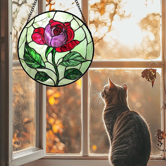 Stained Glass Window Hanging 4 Pcs Set Red Roses Yellow Sunflowers 9.8" - Flower Suncatcher Door Garden Sun Catcher Decor Birthday Mother's Day for Mom Woman Nana Girl