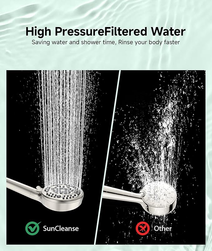 SunCleanse Filtered Shower Head with Handheld,9-Spray Setting Detachable Shower Head with 4 Filters for Hard Water - Filter Chlorine, Improve Skin and Hair Texture (4 Filters, Brushed Nickel)