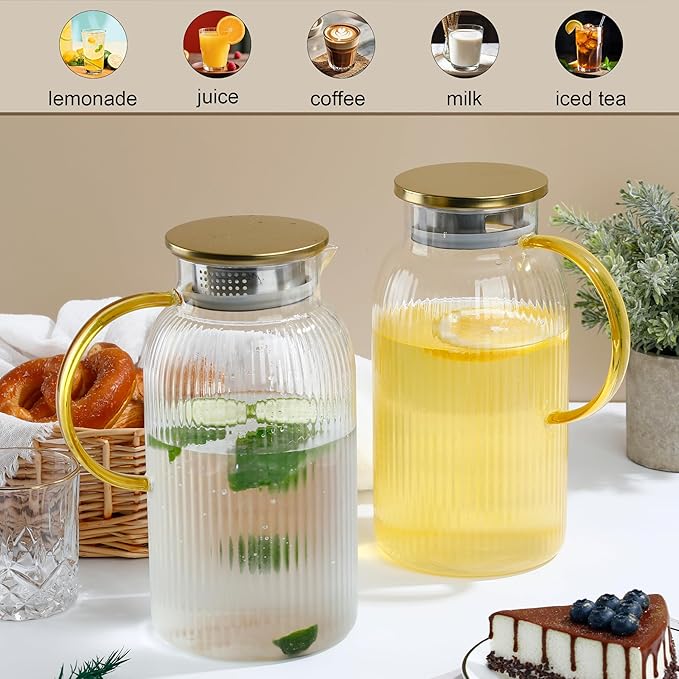 2 PACK Glass Pitcher with Lid, 68oz/2Liter Borosilicate Glass Water Pitcher, Heat Resistant Vertical Striped Water Carafe for Iced Tea, Fruit Tea, and Hot Beverages, Dishwasher Safe, Christmas Gifts