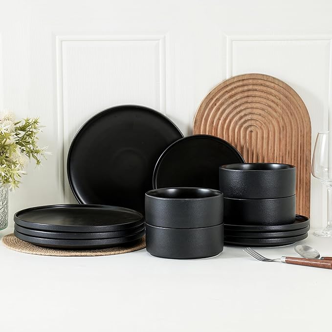 Stoneware Salad Plates Set of 4, 8 Inch Plates for Dessert, Ceramic Plates Sets, Microwave Safe, Dishwasher Safe, Versatile for All Seasons, Matte Black