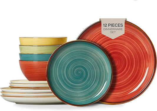 ONEMORE Plates and Bowls Set 12 Pcs,Stoneware Dinnerware Sets for 4 Microwavable,Oven & Dishwasher Safe Porcelain,Scratch Resistant Dishes Set