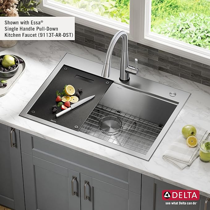 DELTA FAUCET Rivet 30-Inch Workstation Kitchen Sink Drop-In Top Mount 16 Gauge Stainless Steel Single Bowl with WorkFlow Ledge and Chef’s Kit of 5 Accessories, 95A931-30S-SS