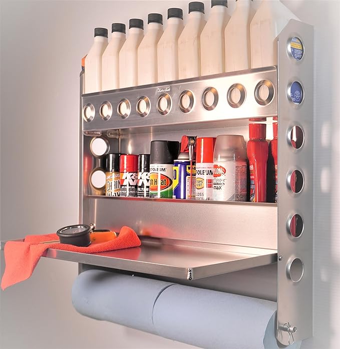 Double Wide Organizer Rack with Flip Out Work Station by: Trailer Trash (Aluminum) Silver, Length 22 x Width 22 1/2 x Height 4 1/2